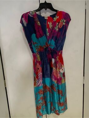 Single Dress Women's 100 % Silk Floral Multicolor Deep V-Neck Dress Boho